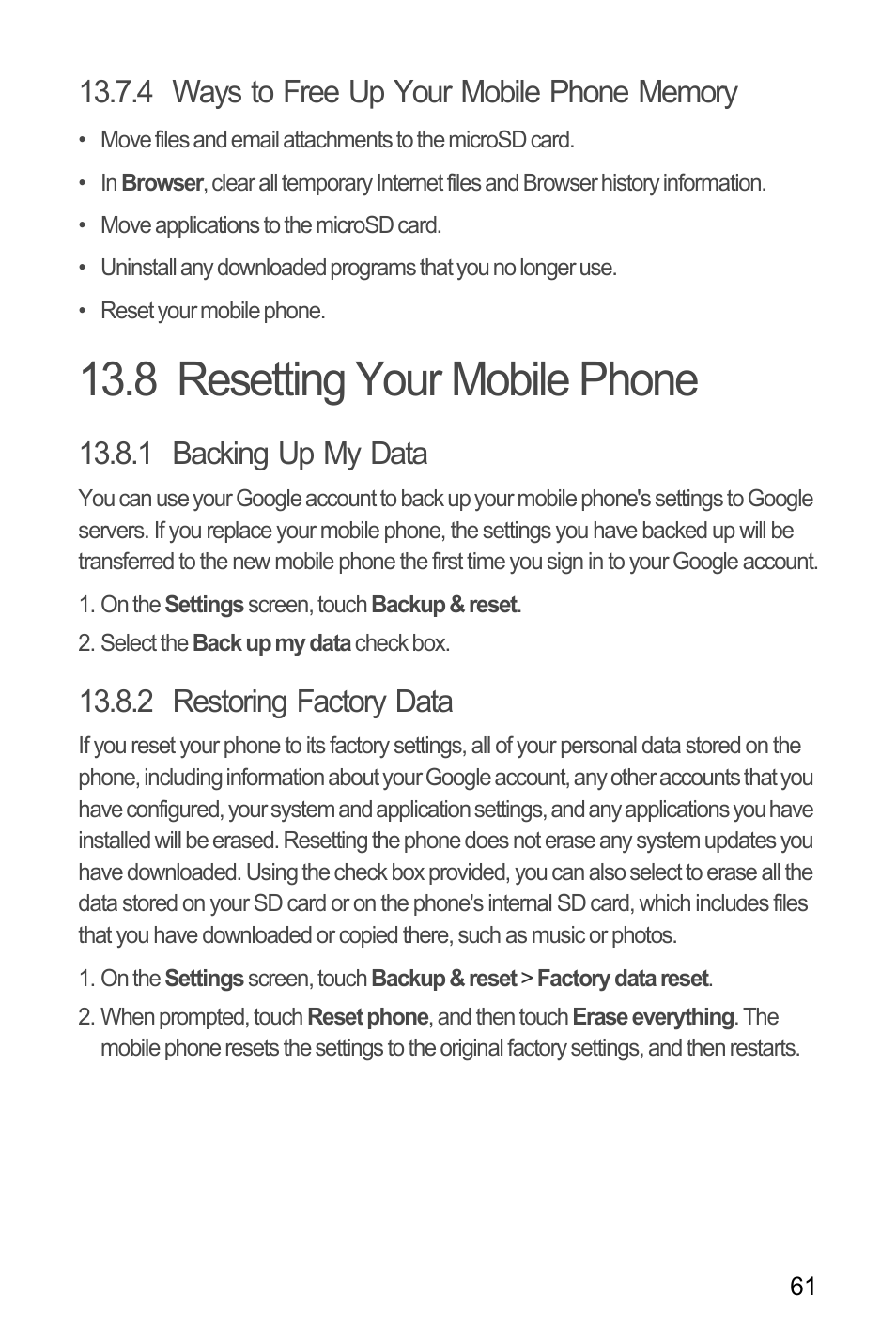 4 ways to free up your mobile phone memory, 8 resetting your mobile phone, 1 backing up my data | 2 restoring factory data | Huawei M881 User Guide User Manual | Page 66 / 69