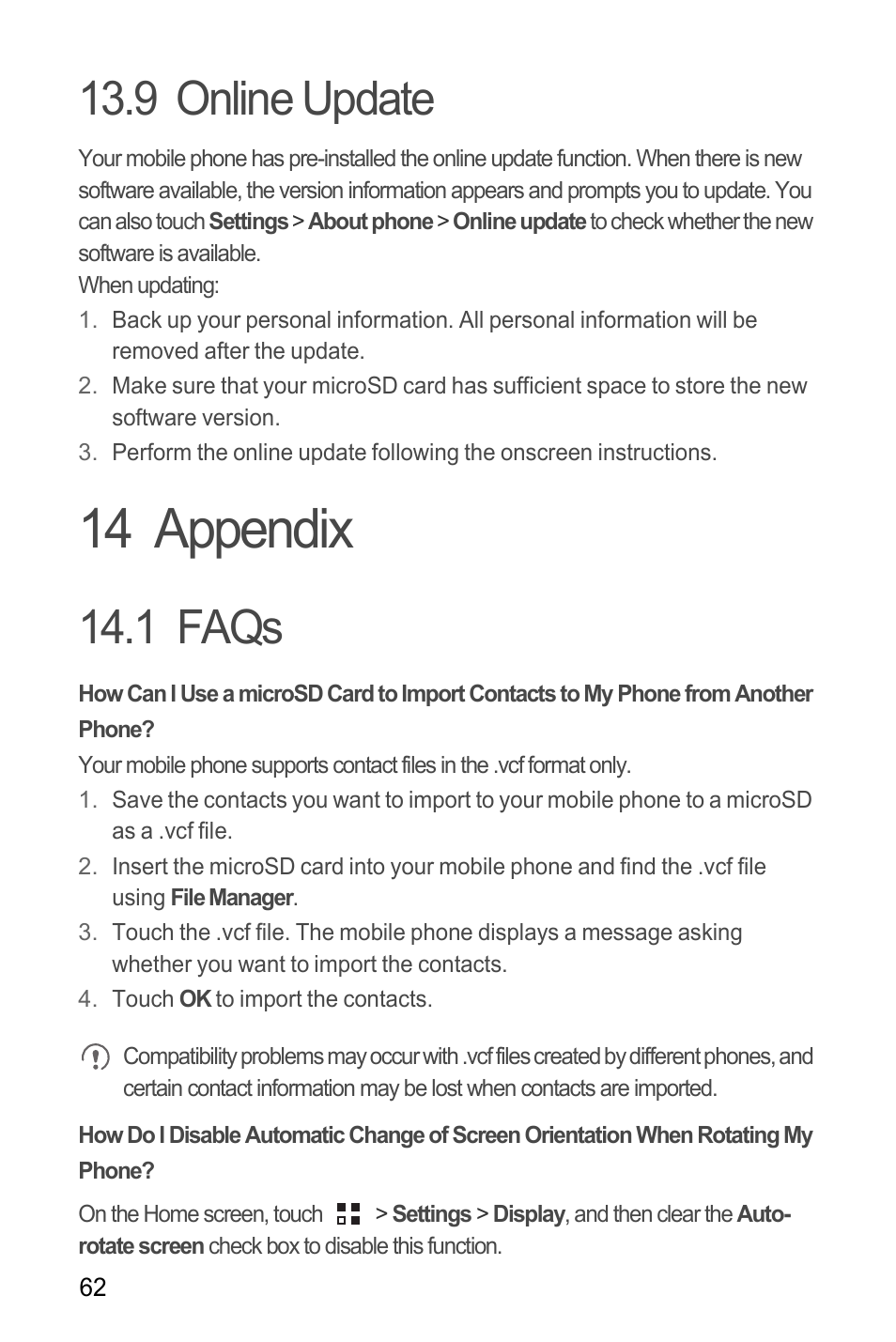 9 online update, 14 appendix, 1 faqs | Faqs | Huawei M881 User Guide User Manual | Page 67 / 69