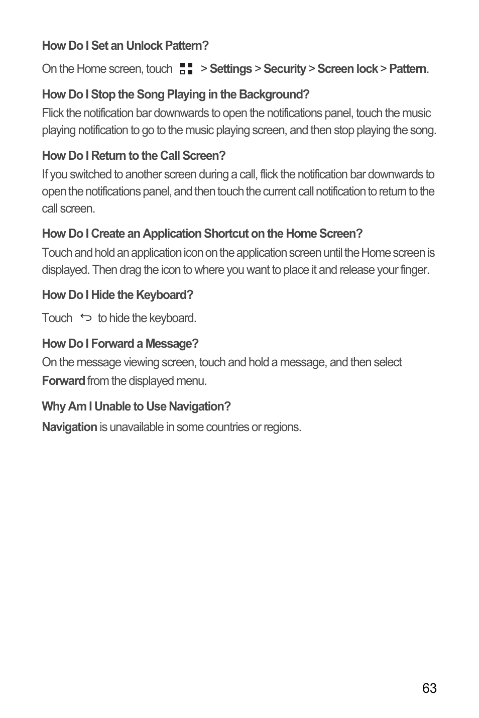 How do i set an unlock pattern, How do i stop the song playing in the background, How do i return to the call screen | How do i hide the keyboard, How do i forward a message, Why am i unable to use navigation | Huawei M881 User Guide User Manual | Page 68 / 69