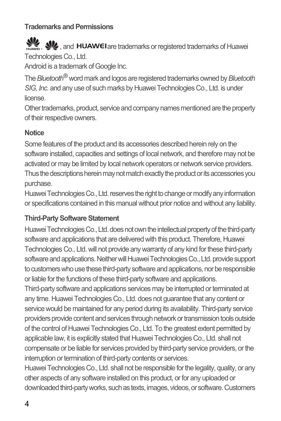 Trademarks and permissions, Notice, Third-party software statement | Huawei M881 User Guide User Manual | Page 9 / 69