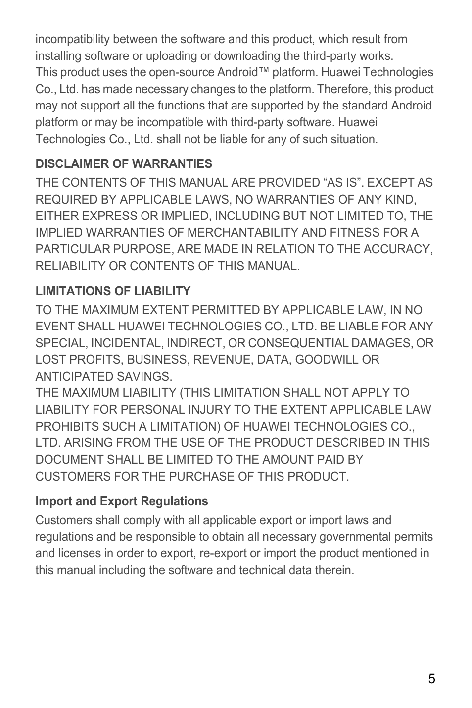 Disclaimer of warranties, Limitations of liability, Import and export regulations | Huawei M865C User Manual | Page 10 / 80