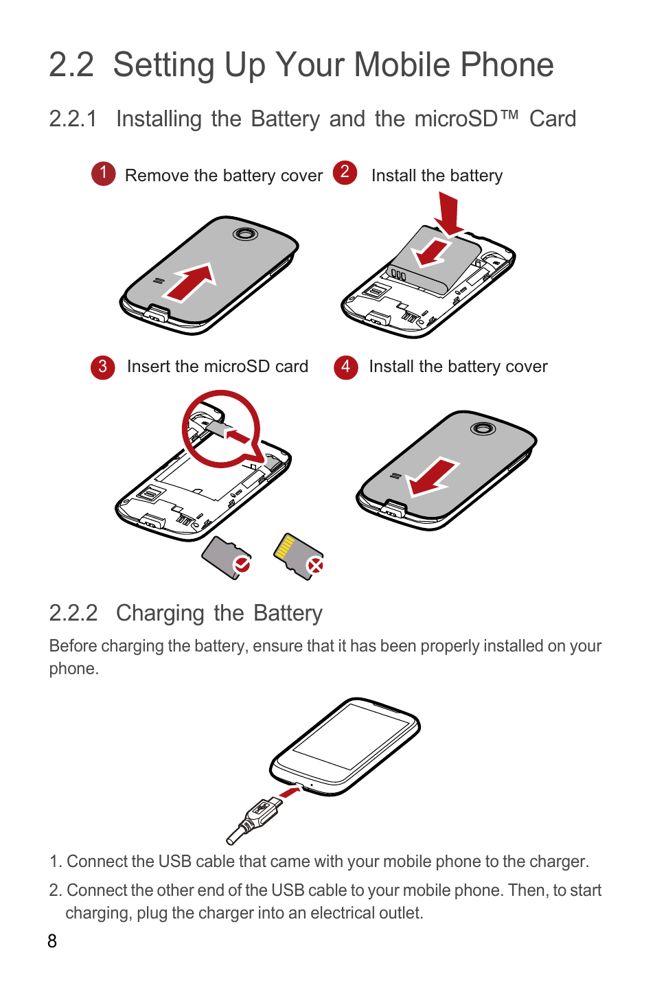 2 setting up your mobile phone, 1 installing the battery and the microsd™ card, 2 charging the battery | Huawei M865C User Manual | Page 13 / 80