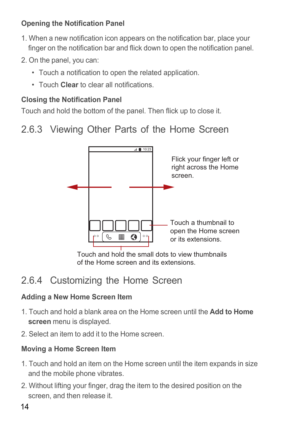 Opening the notification panel, Closing the notification panel, 3 viewing other parts of the home screen | 4 customizing the home screen, Adding a new home screen item, Moving a home screen item | Huawei M865C User Manual | Page 19 / 80