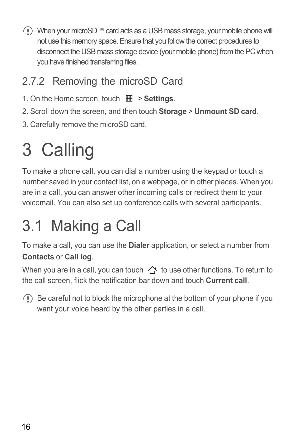 2 removing the microsd card, 3 calling, 1 making a call | Huawei M865C User Manual | Page 21 / 80