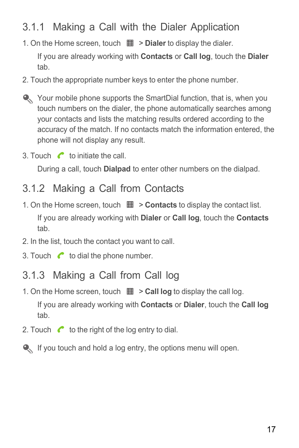 1 making a call with the dialer application, 2 making a call from contacts, 3 making a call from call log | Huawei M865C User Manual | Page 22 / 80