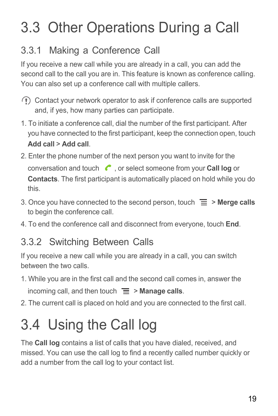 3 other operations during a call, 1 making a conference call, 2 switching between calls | 4 using the call log | Huawei M865C User Manual | Page 24 / 80