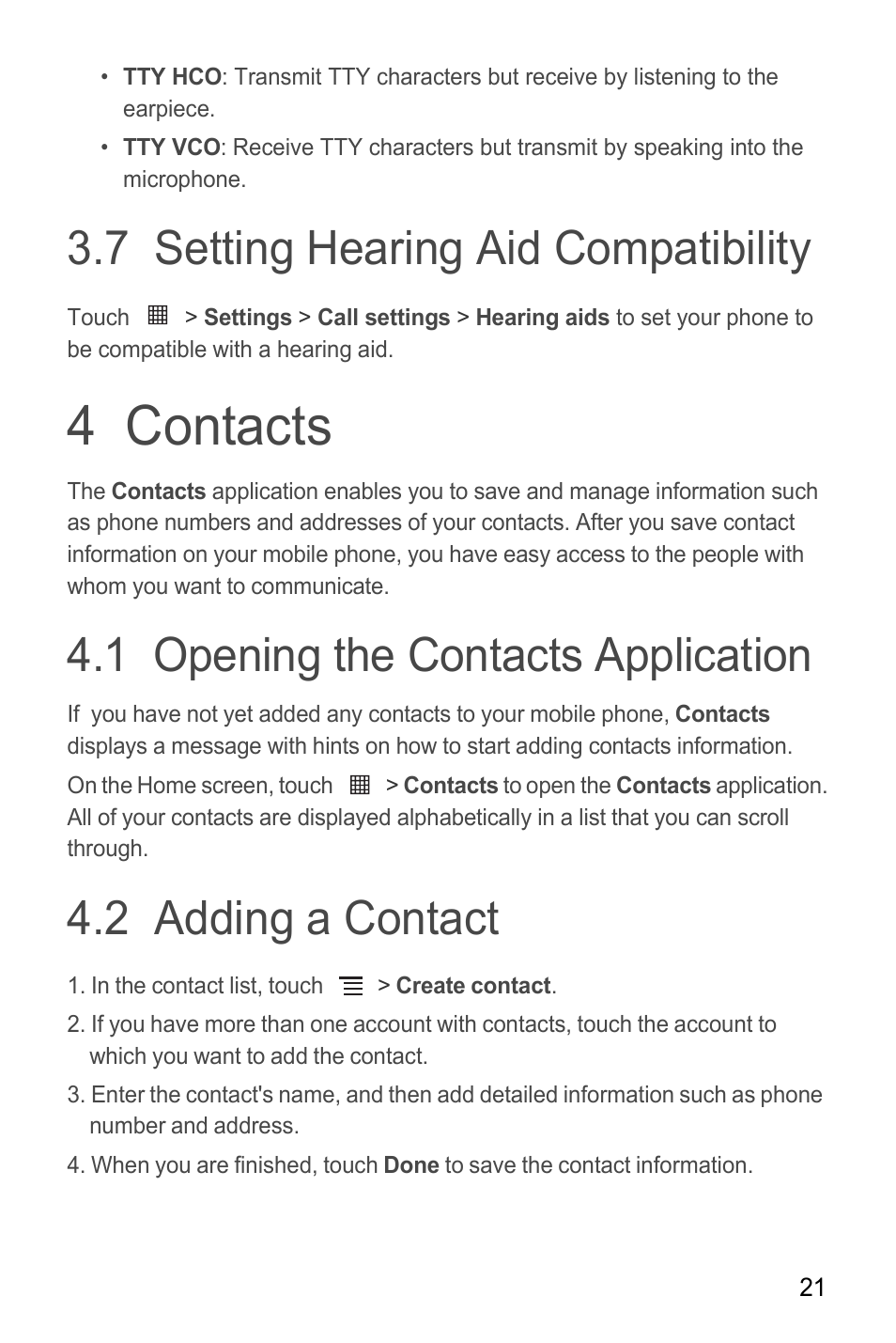 7 setting hearing aid compatibility, 4 contacts, 1 opening the contacts application | 2 adding a contact | Huawei M865C User Manual | Page 26 / 80