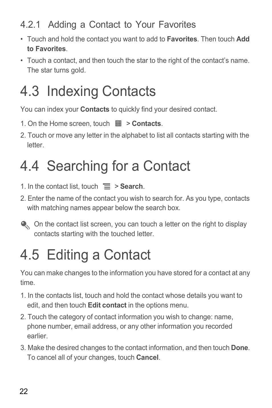 1 adding a contact to your favorites, 3 indexing contacts, 4 searching for a contact | 5 editing a contact | Huawei M865C User Manual | Page 27 / 80