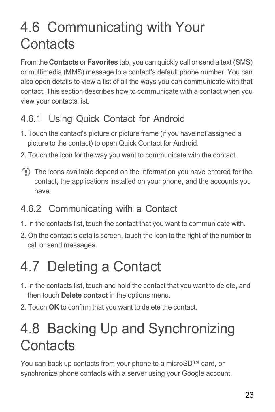 6 communicating with your contacts, 1 using quick contact for android, 2 communicating with a contact | 7 deleting a contact, 8 backing up and synchronizing contacts, Deleting a contact | Huawei M865C User Manual | Page 28 / 80