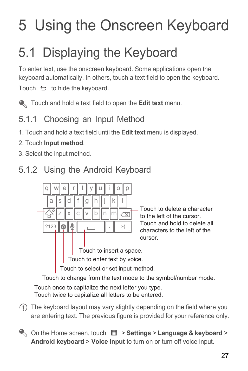 5 using the onscreen keyboard, 1 displaying the keyboard, 1 choosing an input method | 2 using the android keyboard | Huawei M865C User Manual | Page 32 / 80