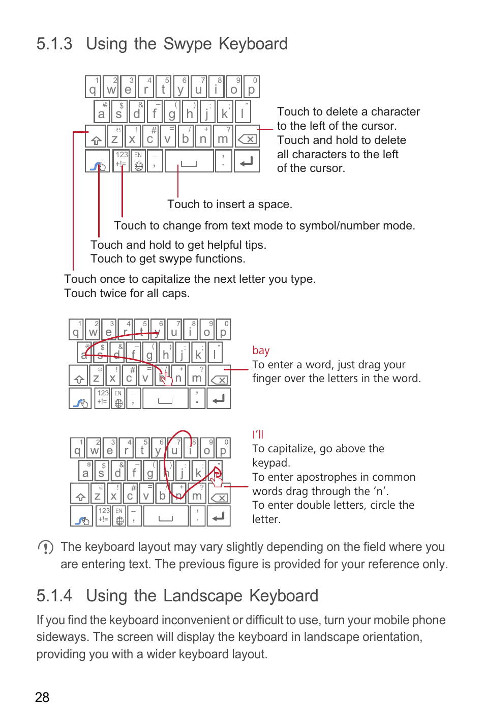 3 using the swype keyboard, 4 using the landscape keyboard, Q w e | Huawei M865C User Manual | Page 33 / 80