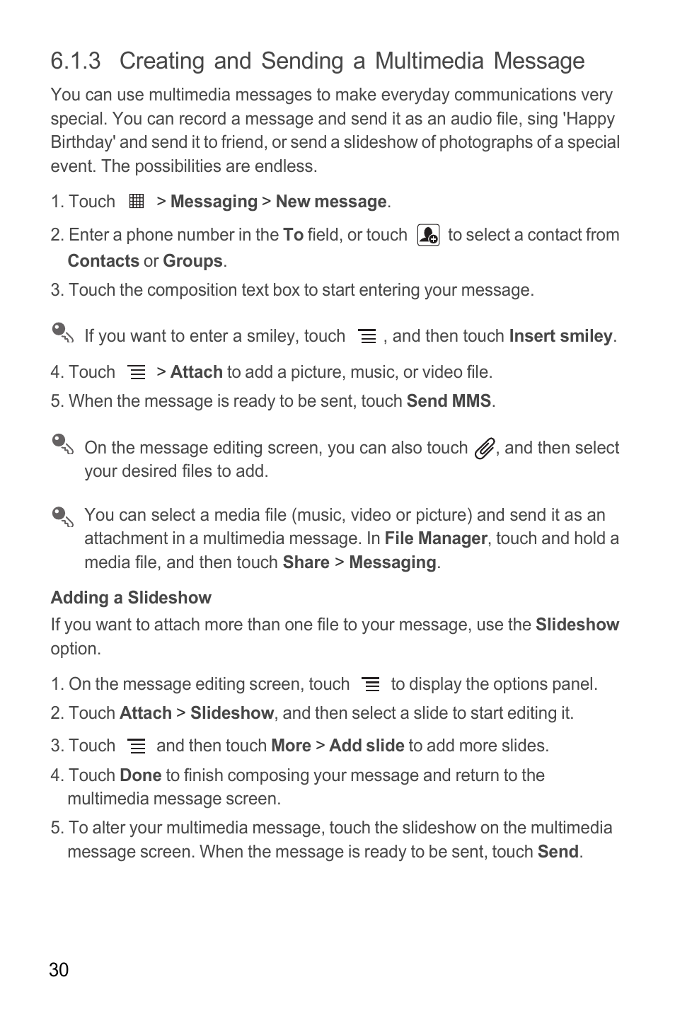 3 creating and sending a multimedia message, Adding a slideshow | Huawei M865C User Manual | Page 35 / 80