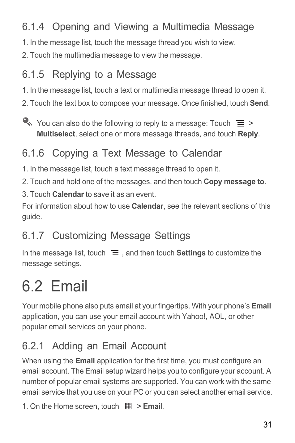 4 opening and viewing a multimedia message, 5 replying to a message, 6 copying a text message to calendar | 7 customizing message settings, 2 email, 1 adding an email account | Huawei M865C User Manual | Page 36 / 80