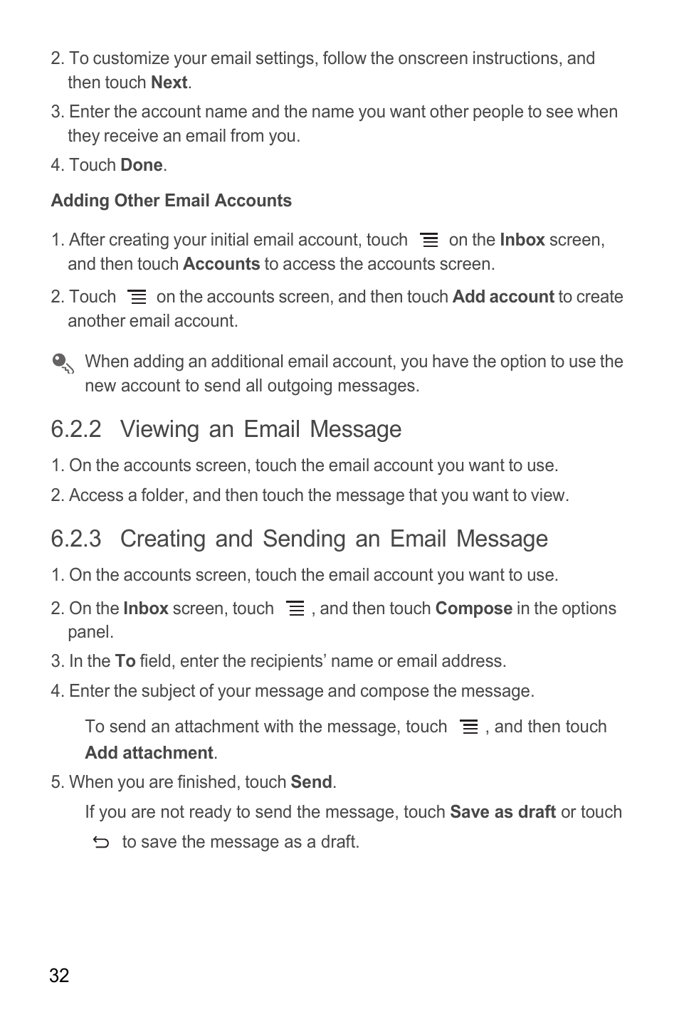 Adding other email accounts, 2 viewing an email message, 3 creating and sending an email message | Huawei M865C User Manual | Page 37 / 80