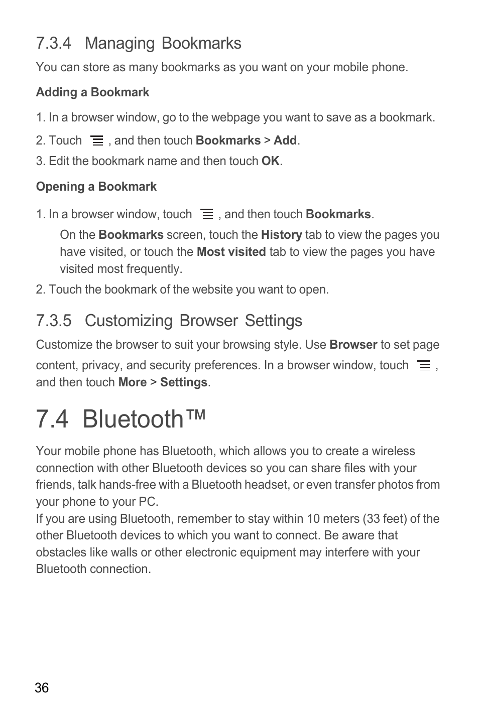 4 managing bookmarks, Adding a bookmark, Opening a bookmark | 5 customizing browser settings, 4 bluetooth | Huawei M865C User Manual | Page 41 / 80