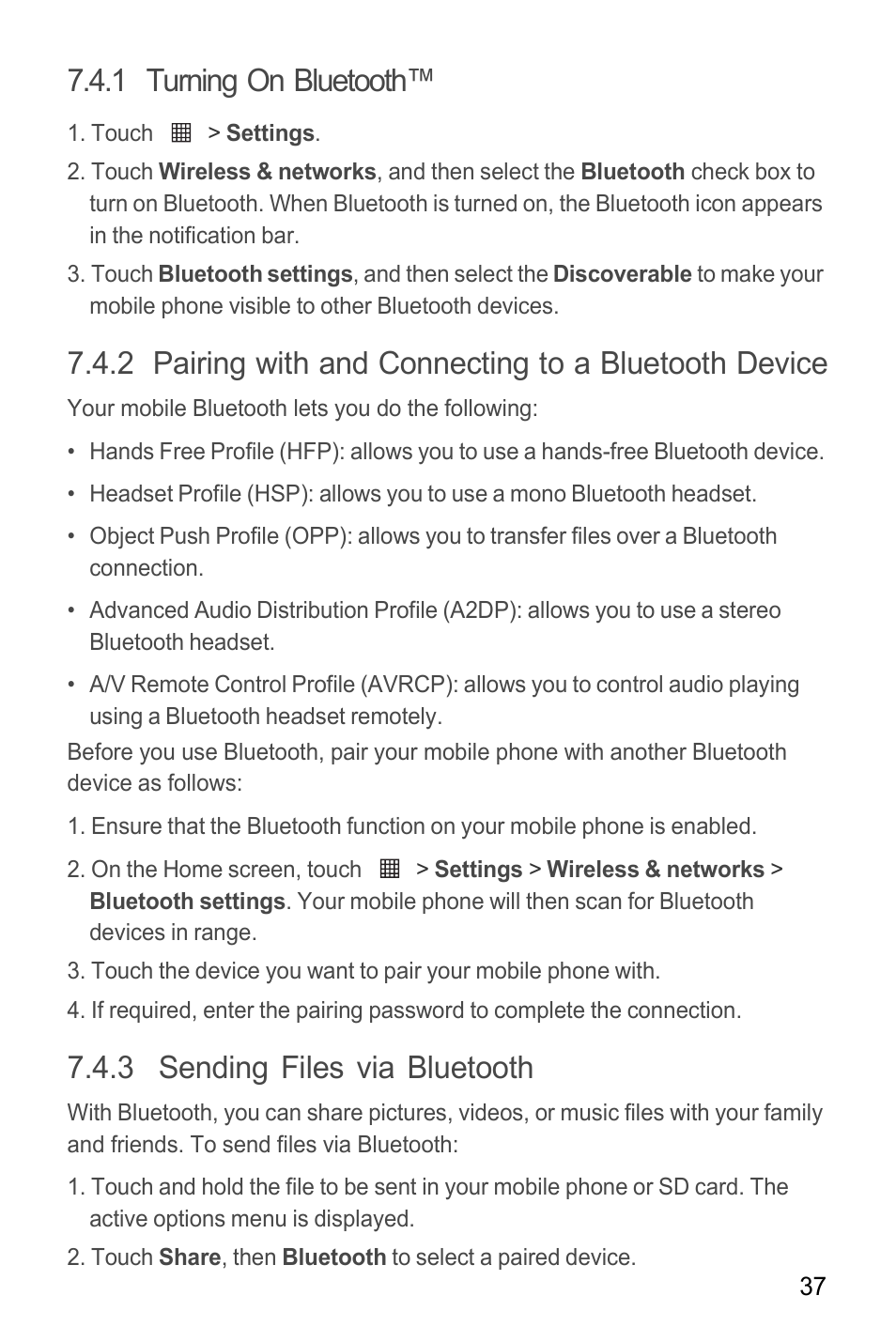 1 turning on bluetooth, 3 sending files via bluetooth | Huawei M865C User Manual | Page 42 / 80