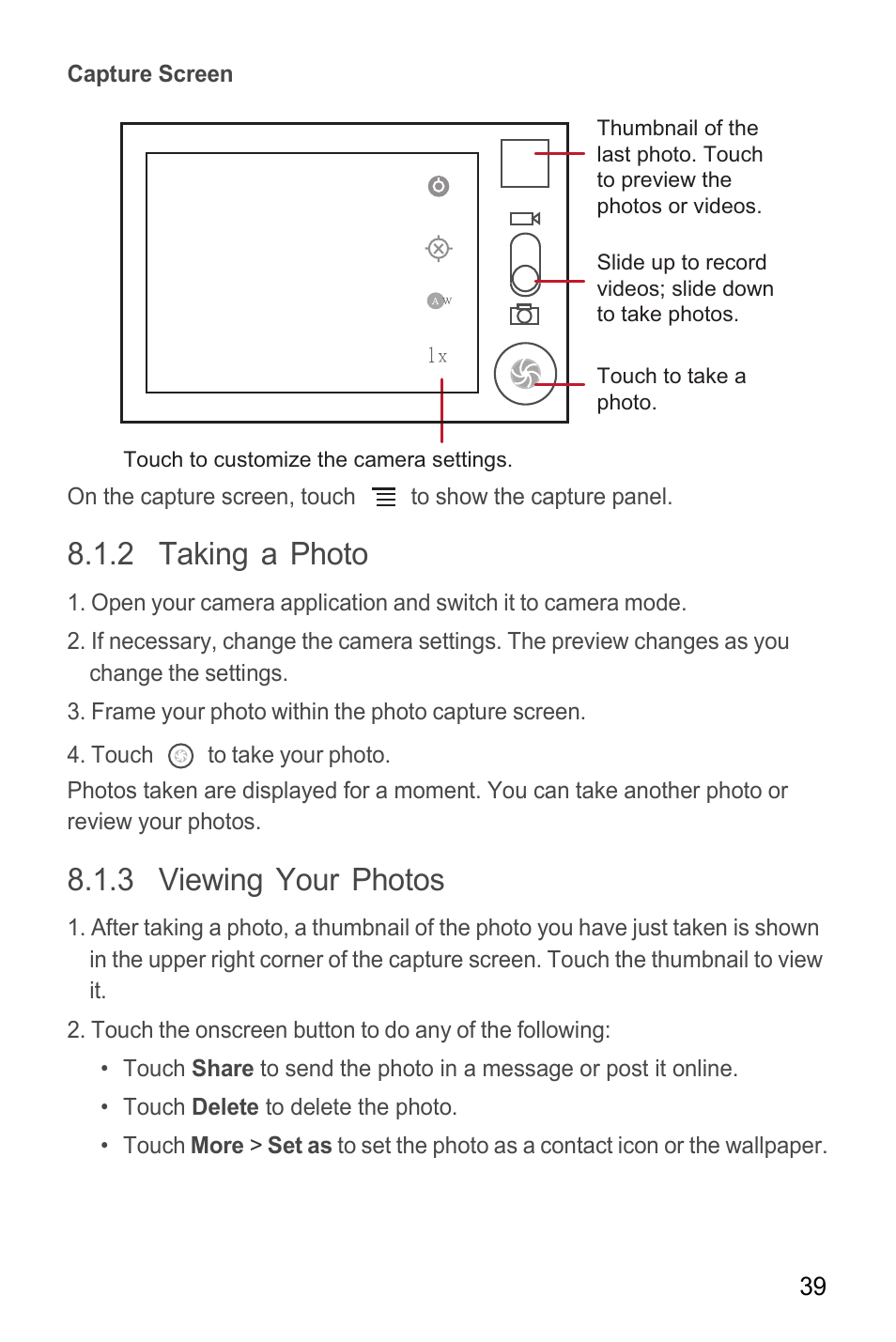 Capture screen, 2 taking a photo, 3 viewing your photos | Huawei M865C User Manual | Page 44 / 80