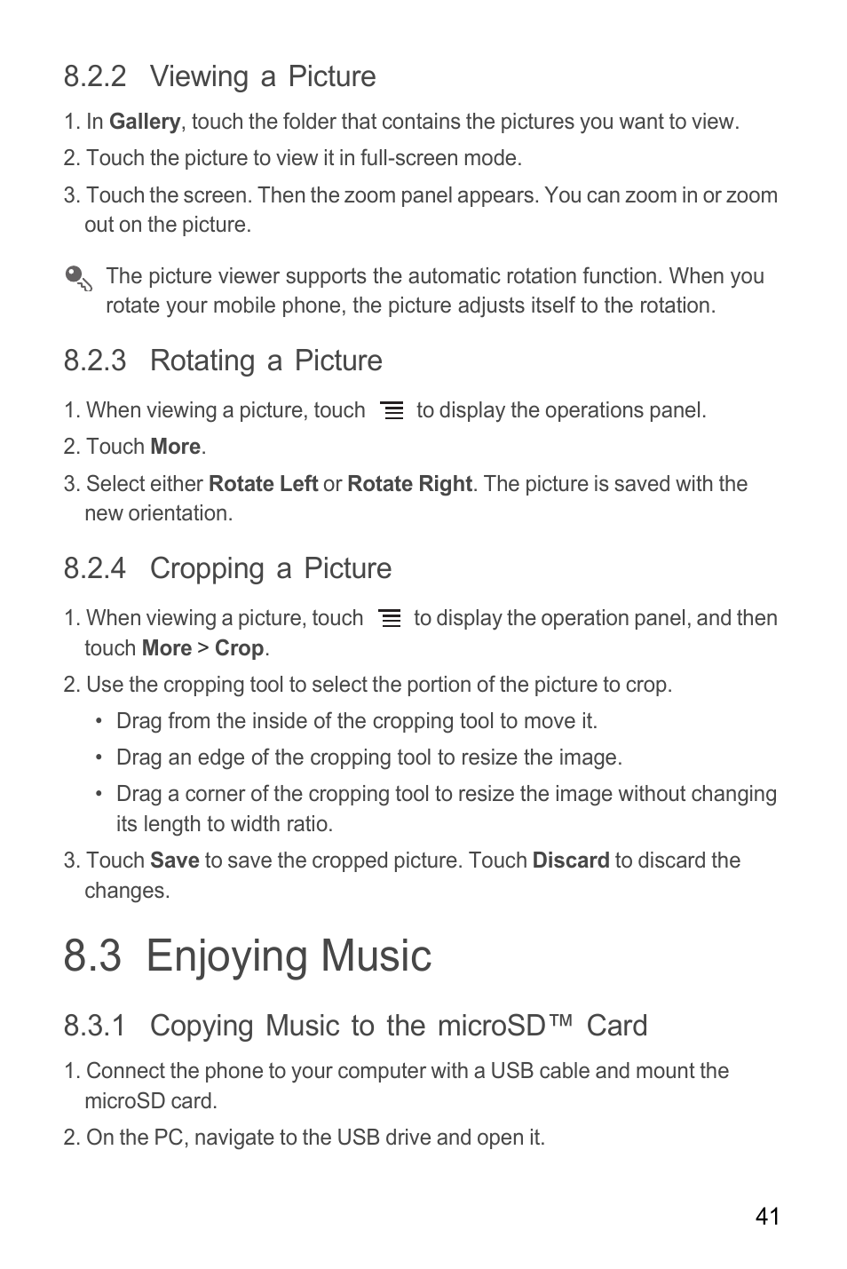 2 viewing a picture, 3 rotating a picture, 4 cropping a picture | 3 enjoying music, 1 copying music to the microsd™ card | Huawei M865C User Manual | Page 46 / 80