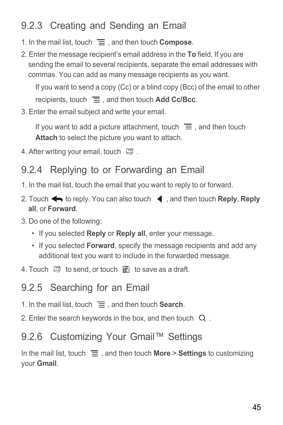 3 creating and sending an email, 4 replying to or forwarding an email, 5 searching for an email | 6 customizing your gmail™ settings | Huawei M865C User Manual | Page 50 / 80