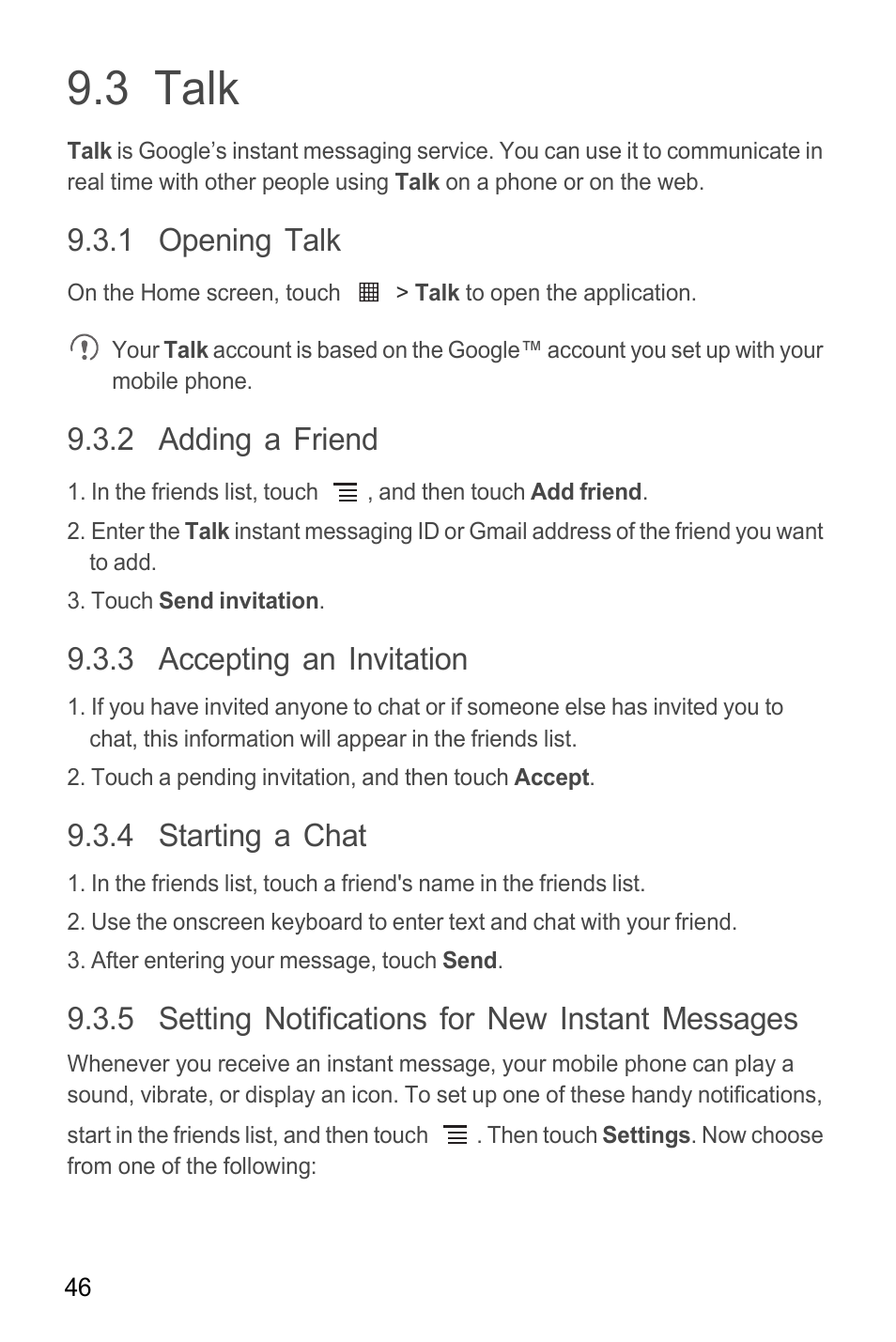 3 talk, 1 opening talk, 2 adding a friend | 3 accepting an invitation, 4 starting a chat, 5 setting notifications for new instant messages | Huawei M865C User Manual | Page 51 / 80