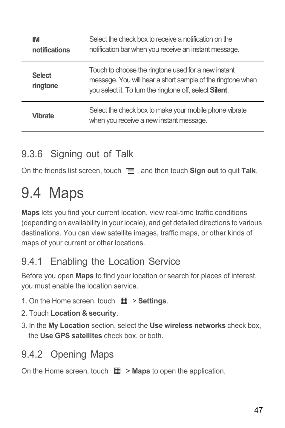 6 signing out of talk, 4 maps, 1 enabling the location service | 2 opening maps | Huawei M865C User Manual | Page 52 / 80