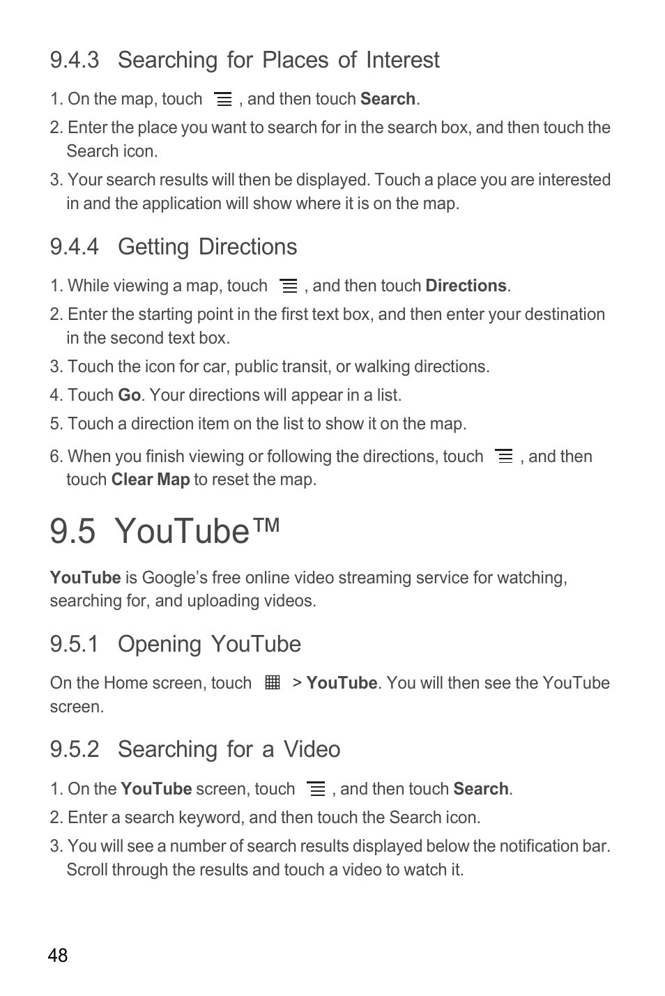 3 searching for places of interest, 4 getting directions, 5 youtube | 1 opening youtube, 2 searching for a video | Huawei M865C User Manual | Page 53 / 80