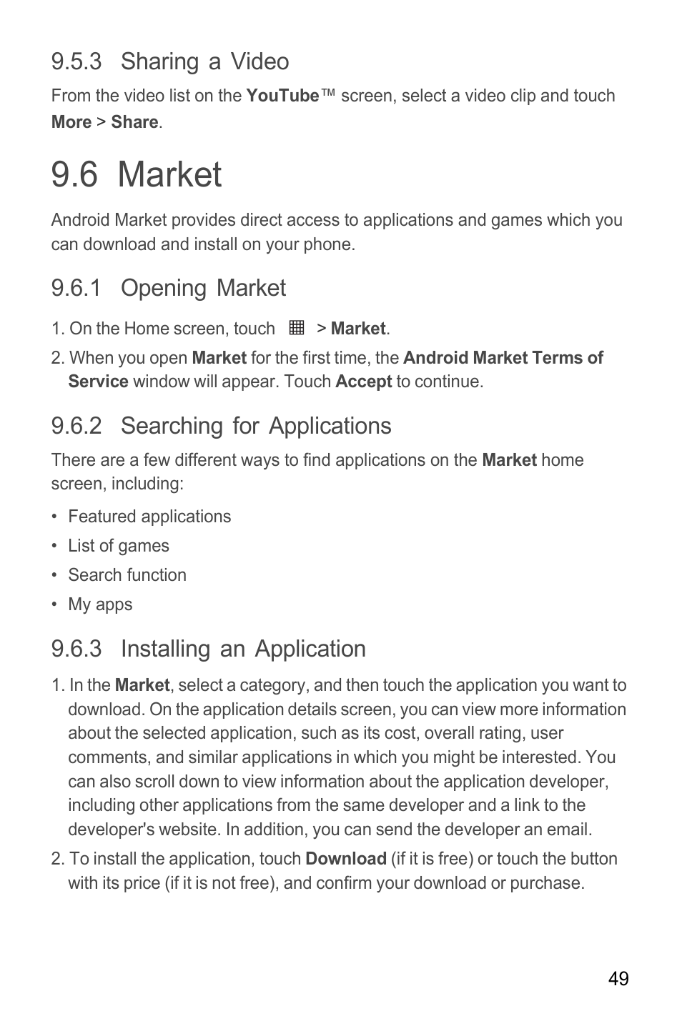 3 sharing a video, 6 market, 1 opening market | 2 searching for applications, 3 installing an application, Market | Huawei M865C User Manual | Page 54 / 80