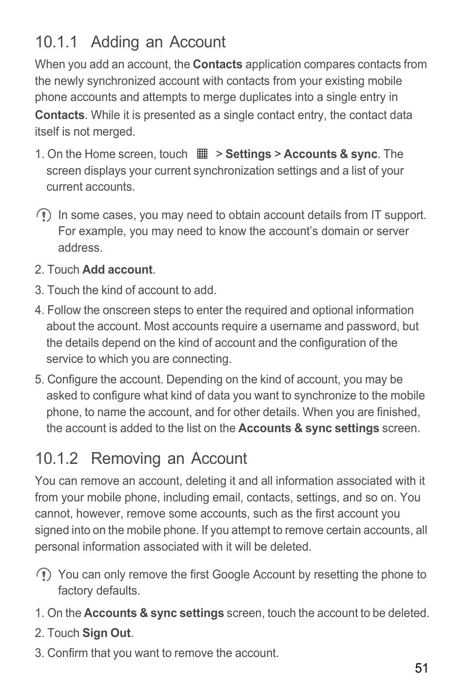 1 adding an account, 2 removing an account | Huawei M865C User Manual | Page 56 / 80