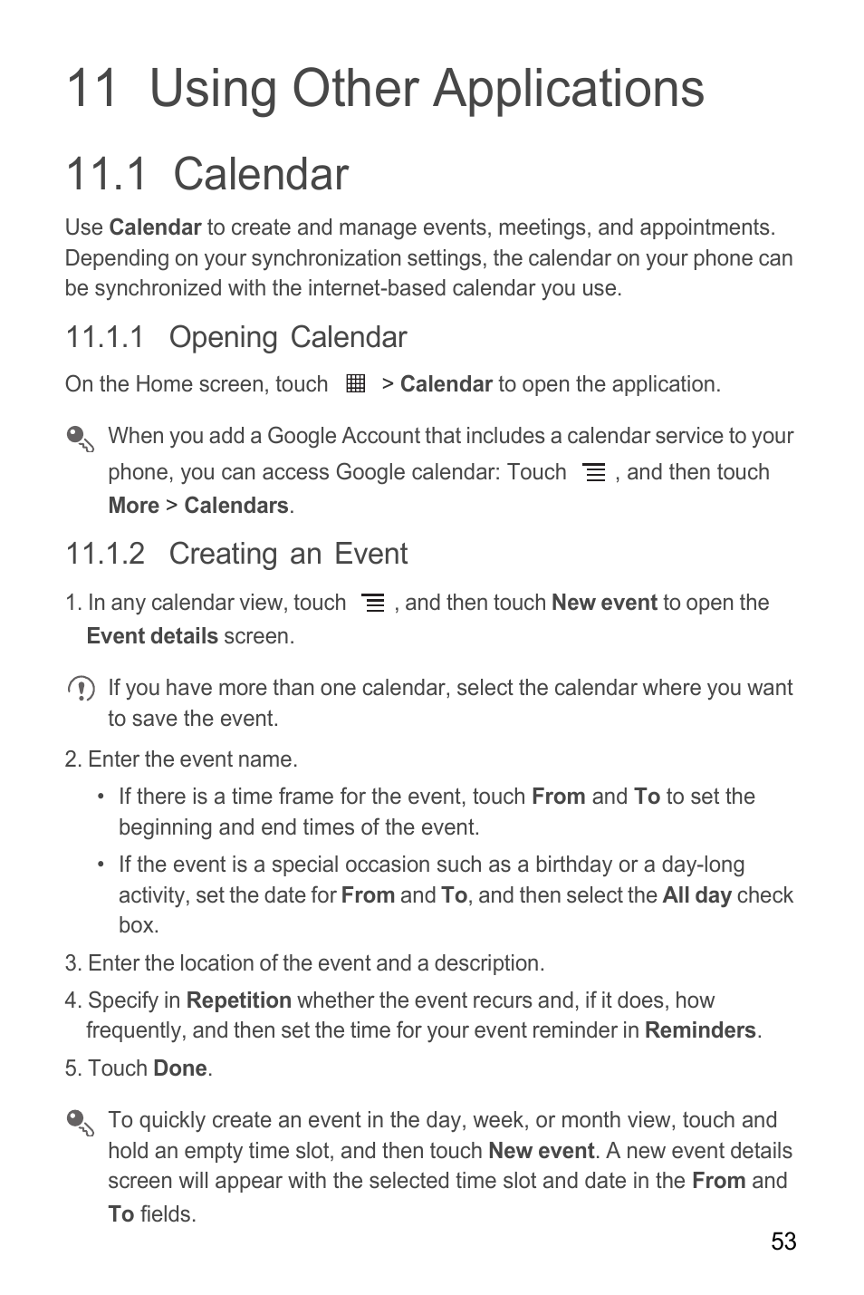11 using other applications, 1 calendar, 1 opening calendar | 2 creating an event | Huawei M865C User Manual | Page 58 / 80