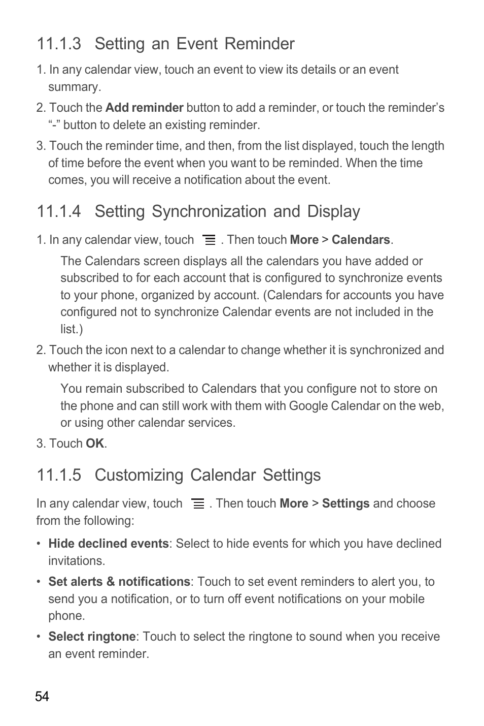 3 setting an event reminder, 4 setting synchronization and display, 5 customizing calendar settings | Huawei M865C User Manual | Page 59 / 80