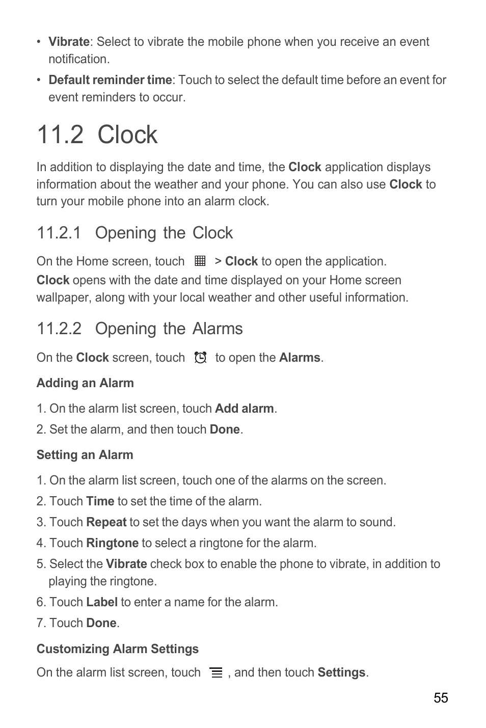 2 clock, 1 opening the clock, 2 opening the alarms | Adding an alarm, Setting an alarm, Customizing alarm settings | Huawei M865C User Manual | Page 60 / 80