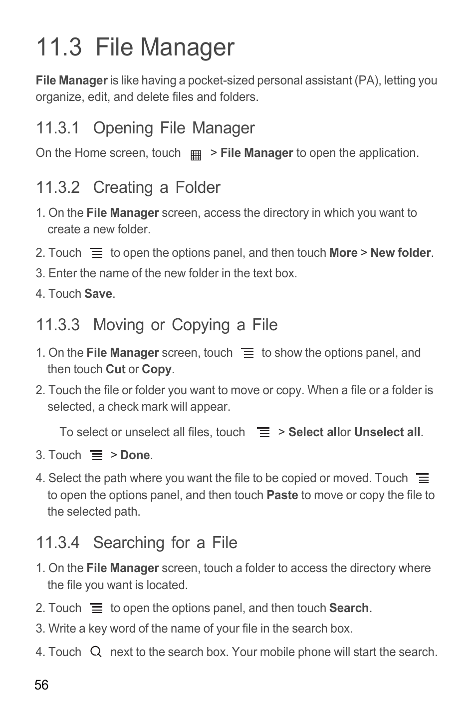 3 file manager, 1 opening file manager, 2 creating a folder | 3 moving or copying a file, 4 searching for a file | Huawei M865C User Manual | Page 61 / 80