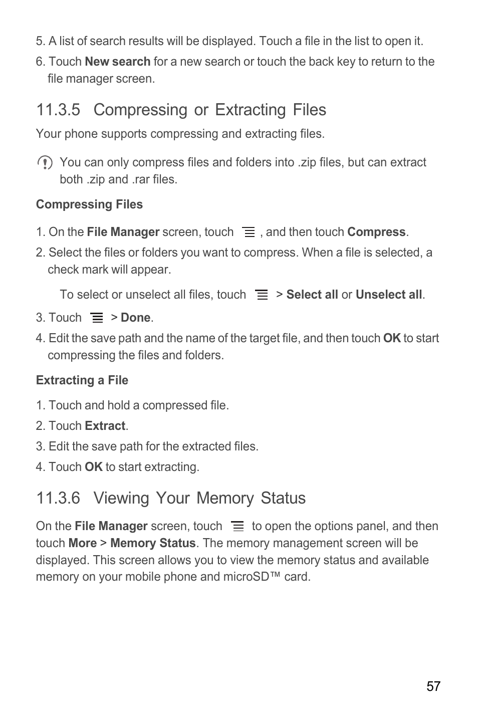 5 compressing or extracting files, Compressing files, Extracting a file | 6 viewing your memory status | Huawei M865C User Manual | Page 62 / 80