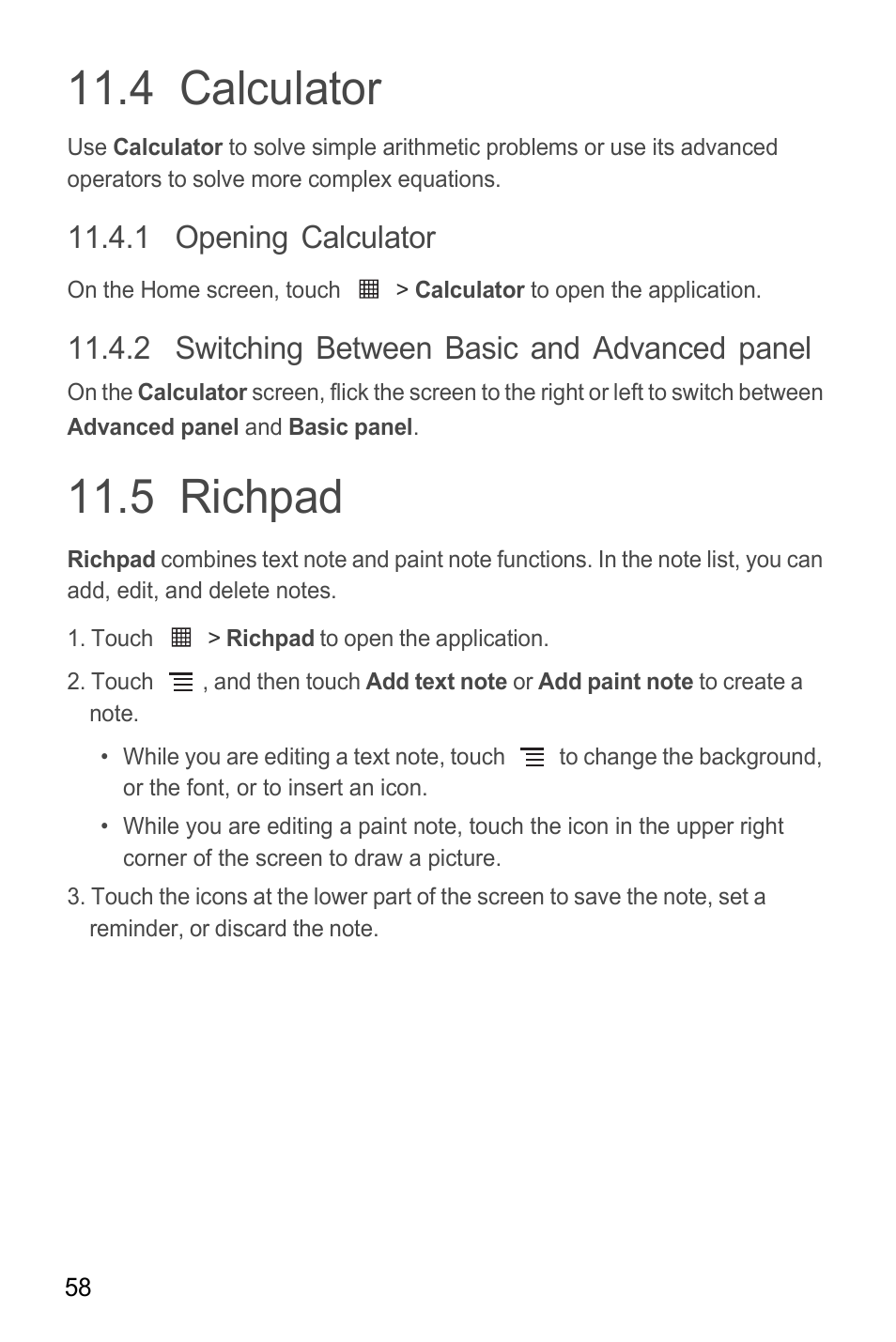 4 calculator, 1 opening calculator, 2 switching between basic and advanced panel | 5 richpad, 4 calculator 11.5 richpad | Huawei M865C User Manual | Page 63 / 80