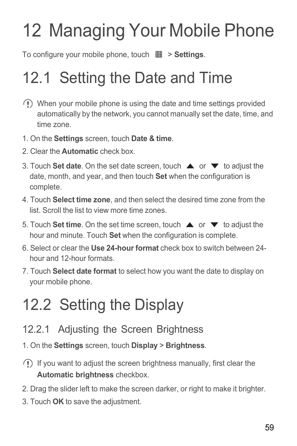 12 managing your mobile phone, 1 setting the date and time, 2 setting the display | 1 adjusting the screen brightness | Huawei M865C User Manual | Page 64 / 80