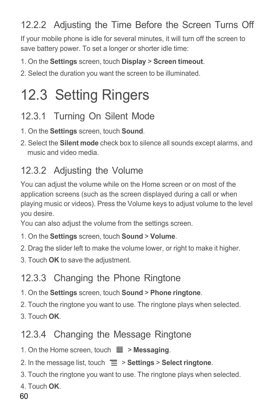 2 adjusting the time before the screen turns off, 3 setting ringers, 1 turning on silent mode | 2 adjusting the volume, 3 changing the phone ringtone, 4 changing the message ringtone | Huawei M865C User Manual | Page 65 / 80