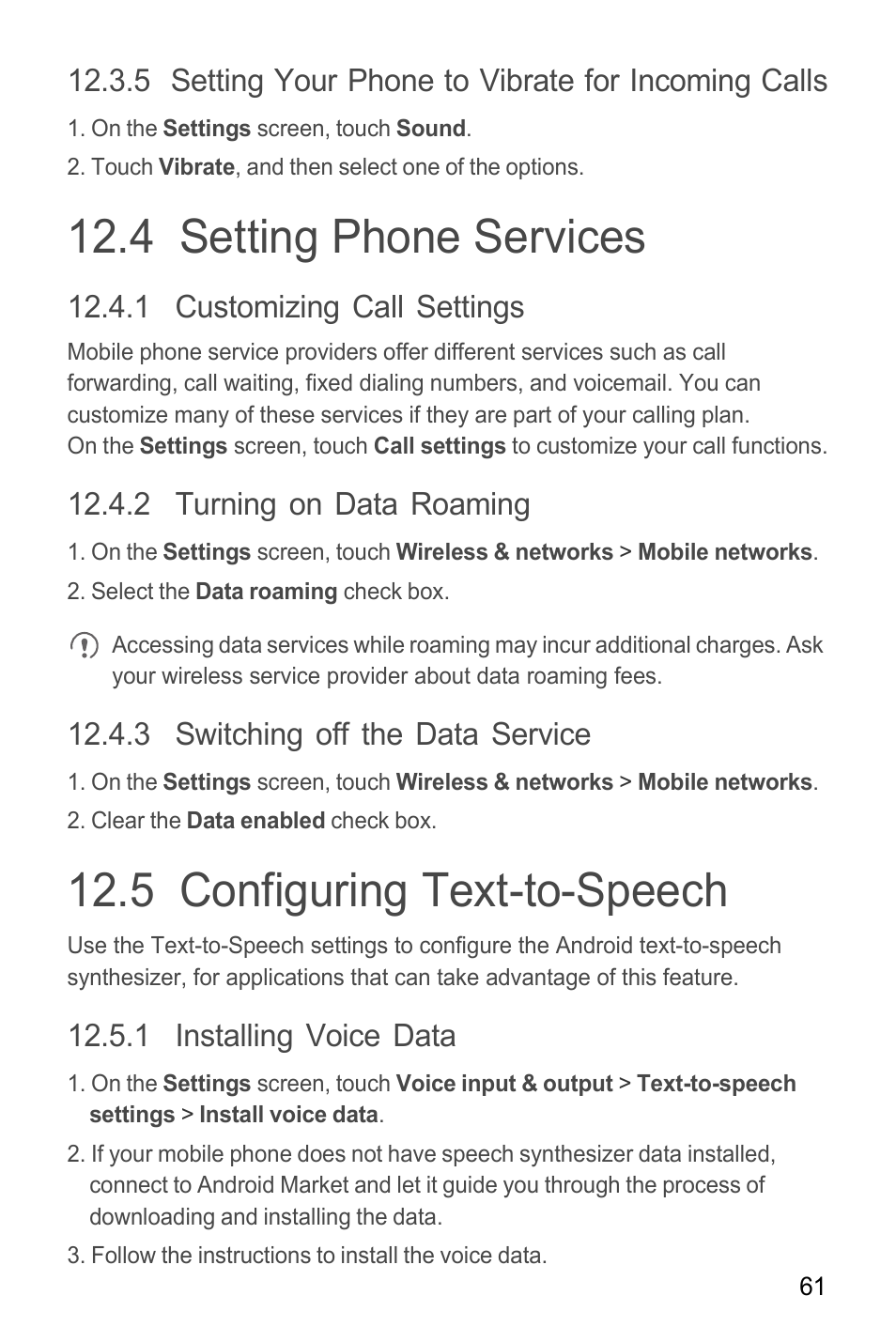 5 setting your phone to vibrate for incoming calls, 4 setting phone services, 1 customizing call settings | 2 turning on data roaming, 3 switching off the data service, 5 configuring text-to-speech, 1 installing voice data | Huawei M865C User Manual | Page 66 / 80