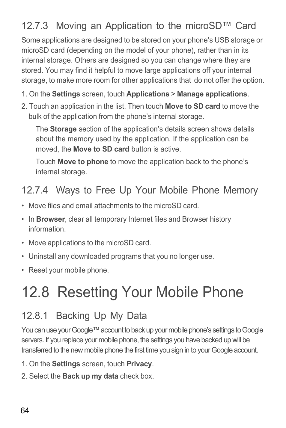 3 moving an application to the microsd™ card, 4 ways to free up your mobile phone memory, 8 resetting your mobile phone | 1 backing up my data | Huawei M865C User Manual | Page 69 / 80