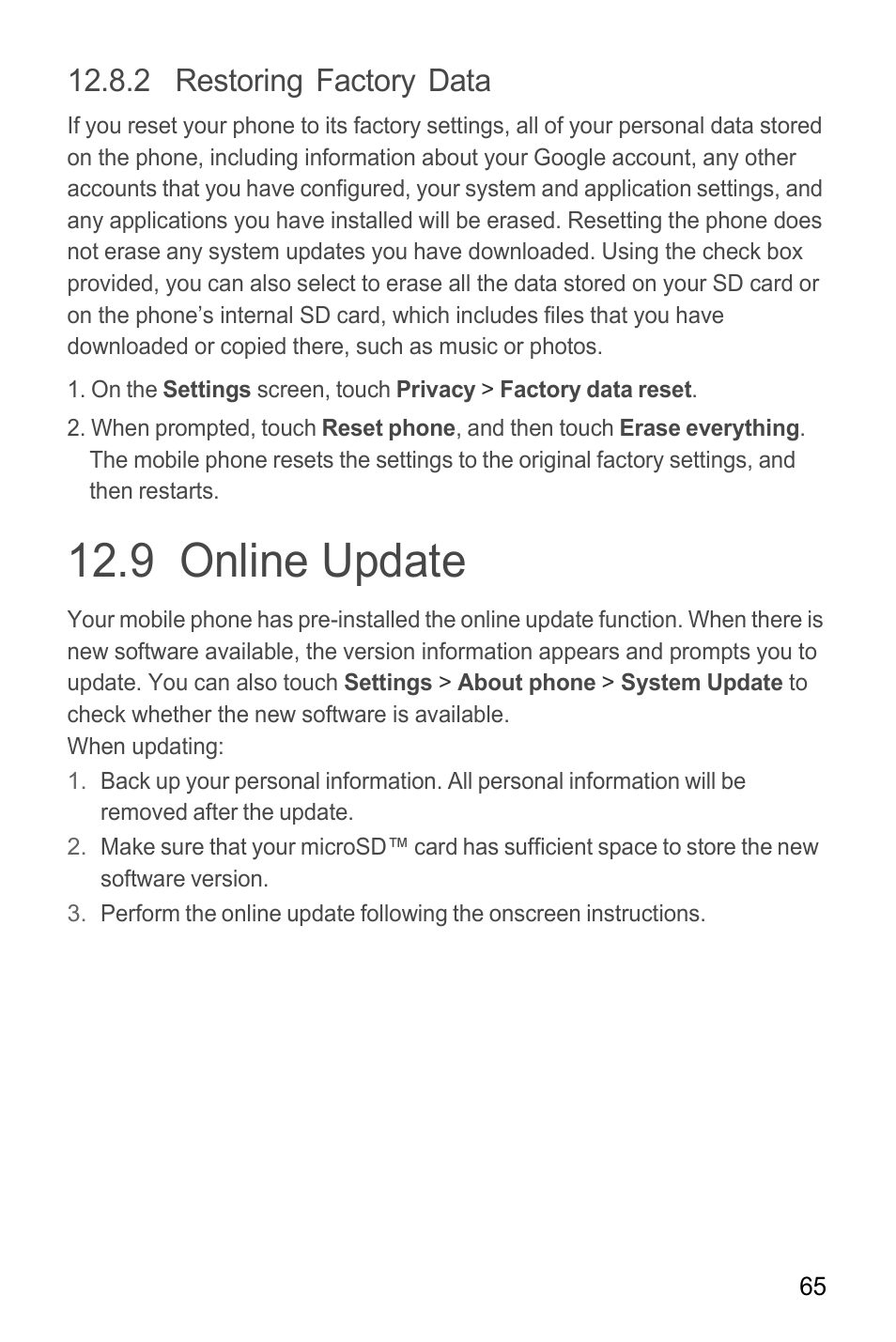 2 restoring factory data, 9 online update | Huawei M865C User Manual | Page 70 / 80