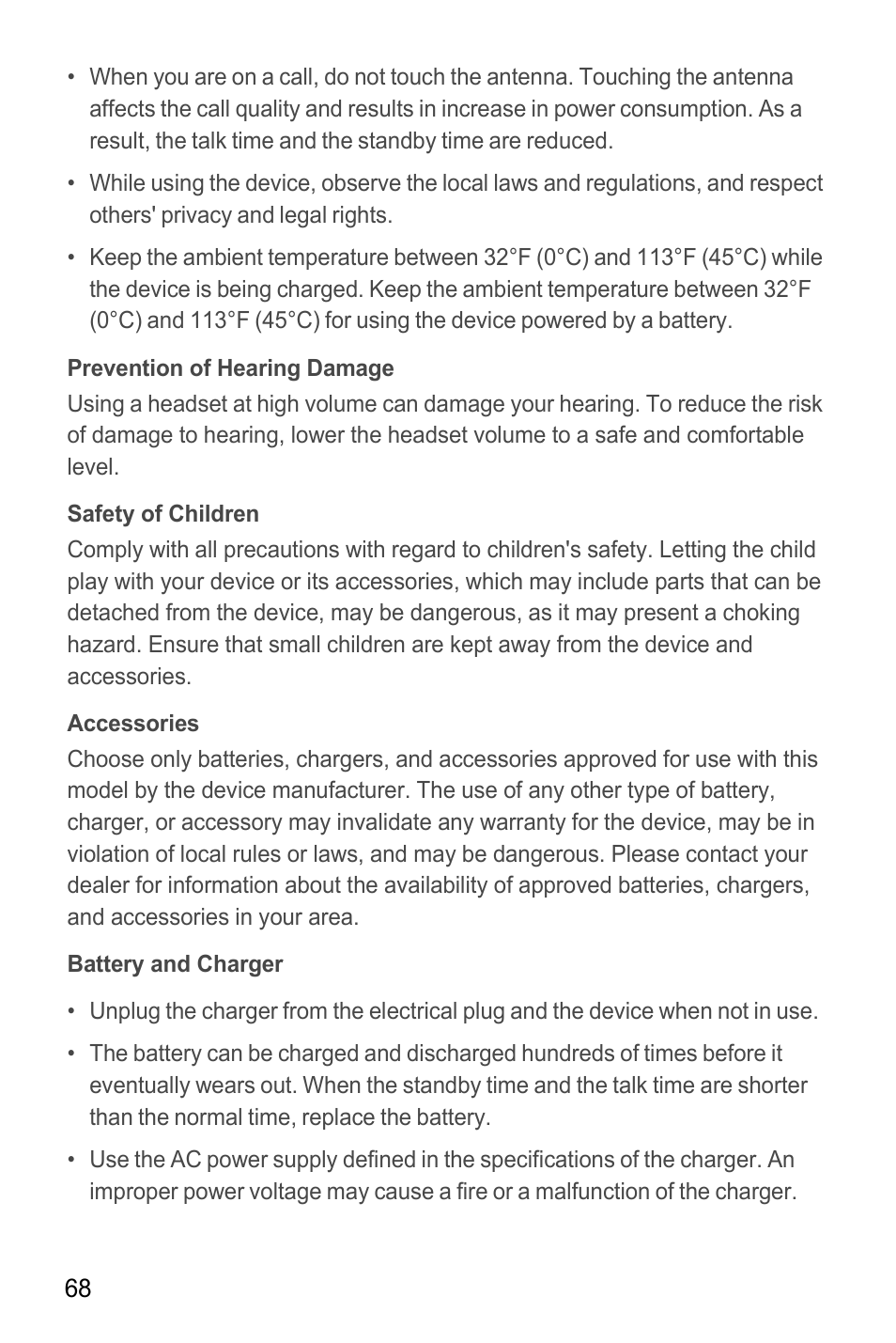 Prevention of hearing damage, Safety of children, Accessories | Battery and charger | Huawei M865C User Manual | Page 73 / 80