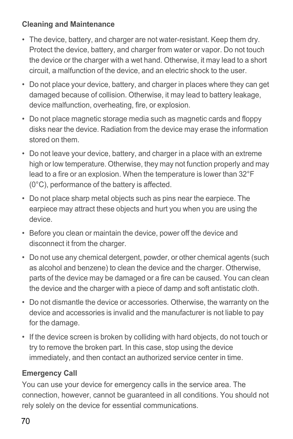 Cleaning and maintenance, Emergency call | Huawei M865C User Manual | Page 75 / 80