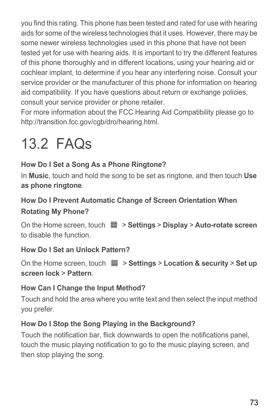 2 faqs, How do i set a song as a phone ringtone, How do i set an unlock pattern | How can i change the input method, How do i stop the song playing in the background, Faqs | Huawei M865C User Manual | Page 78 / 80