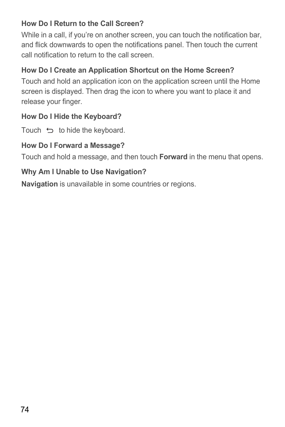 How do i return to the call screen, How do i hide the keyboard, How do i forward a message | Why am i unable to use navigation | Huawei M865C User Manual | Page 79 / 80