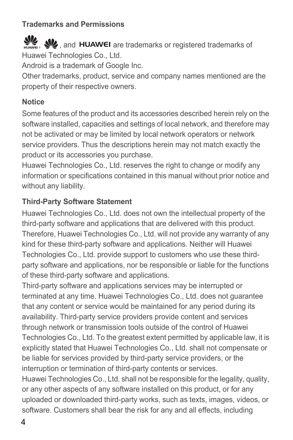 Trademarks and permissions, Notice, Third-party software statement | Huawei M865C User Manual | Page 9 / 80