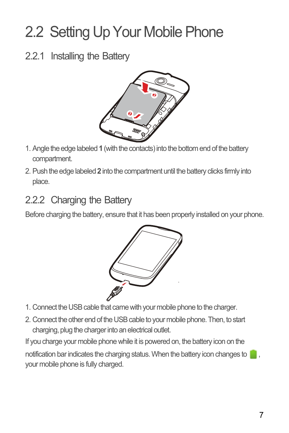 2 setting up your mobile phone, 1 installing the battery, 2 charging the battery | Huawei M866 User Manual | Page 11 / 69
