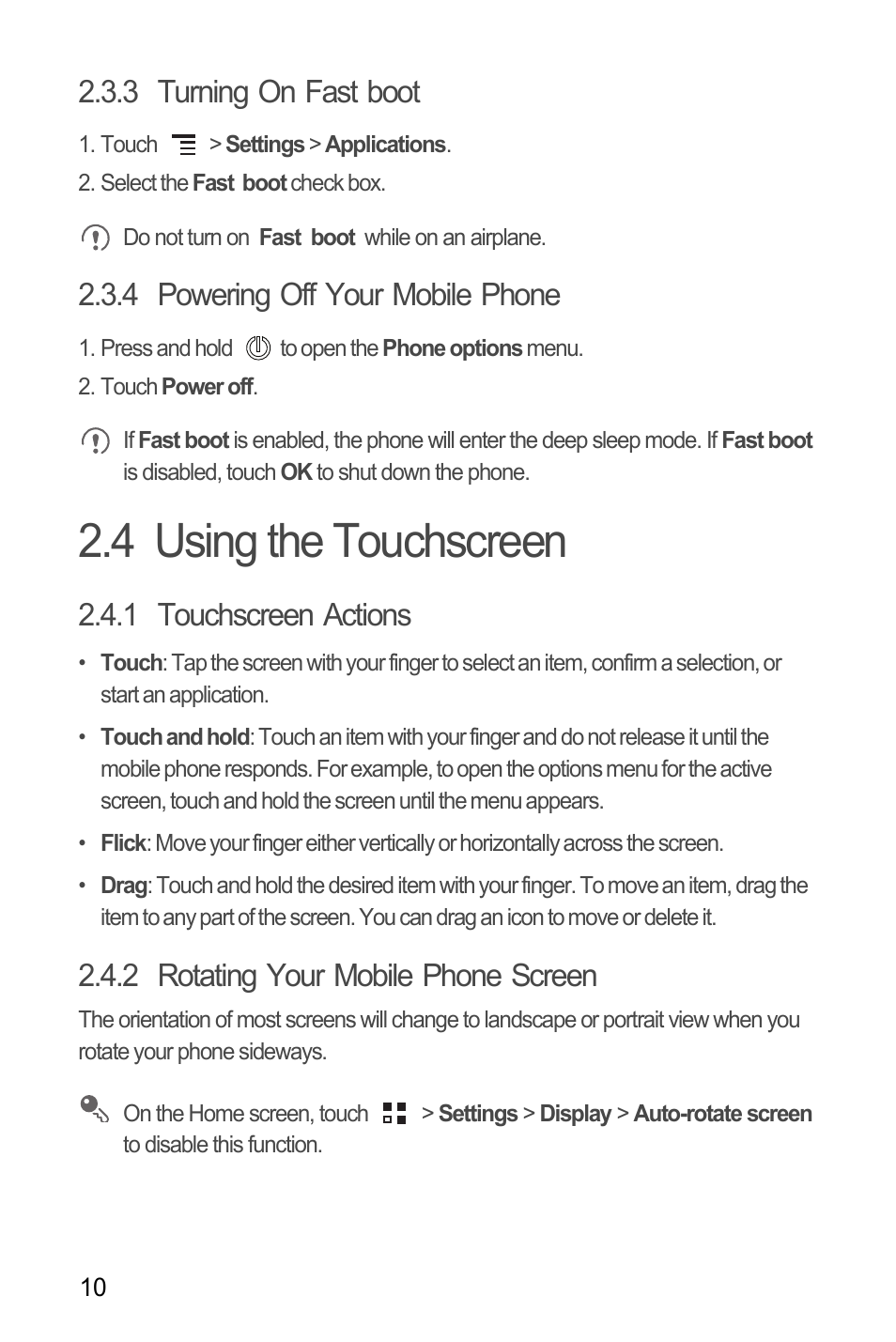 3 turning on fast boot, 4 powering off your mobile phone, 4 using the touchscreen | 1 touchscreen actions, 2 rotating your mobile phone screen | Huawei M866 User Manual | Page 14 / 69