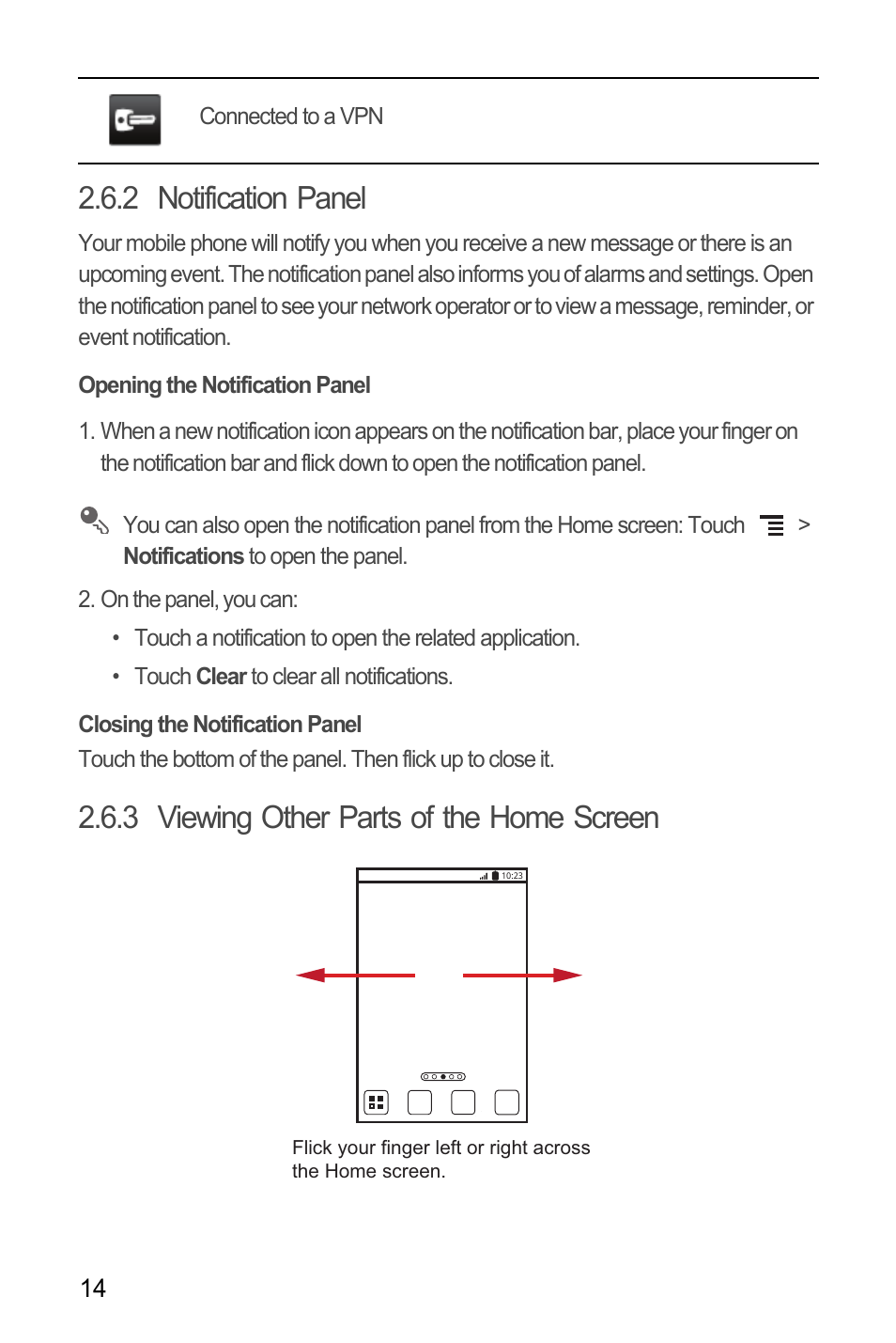 2 notification panel, Opening the notification panel, Closing the notification panel | 3 viewing other parts of the home screen | Huawei M866 User Manual | Page 18 / 69