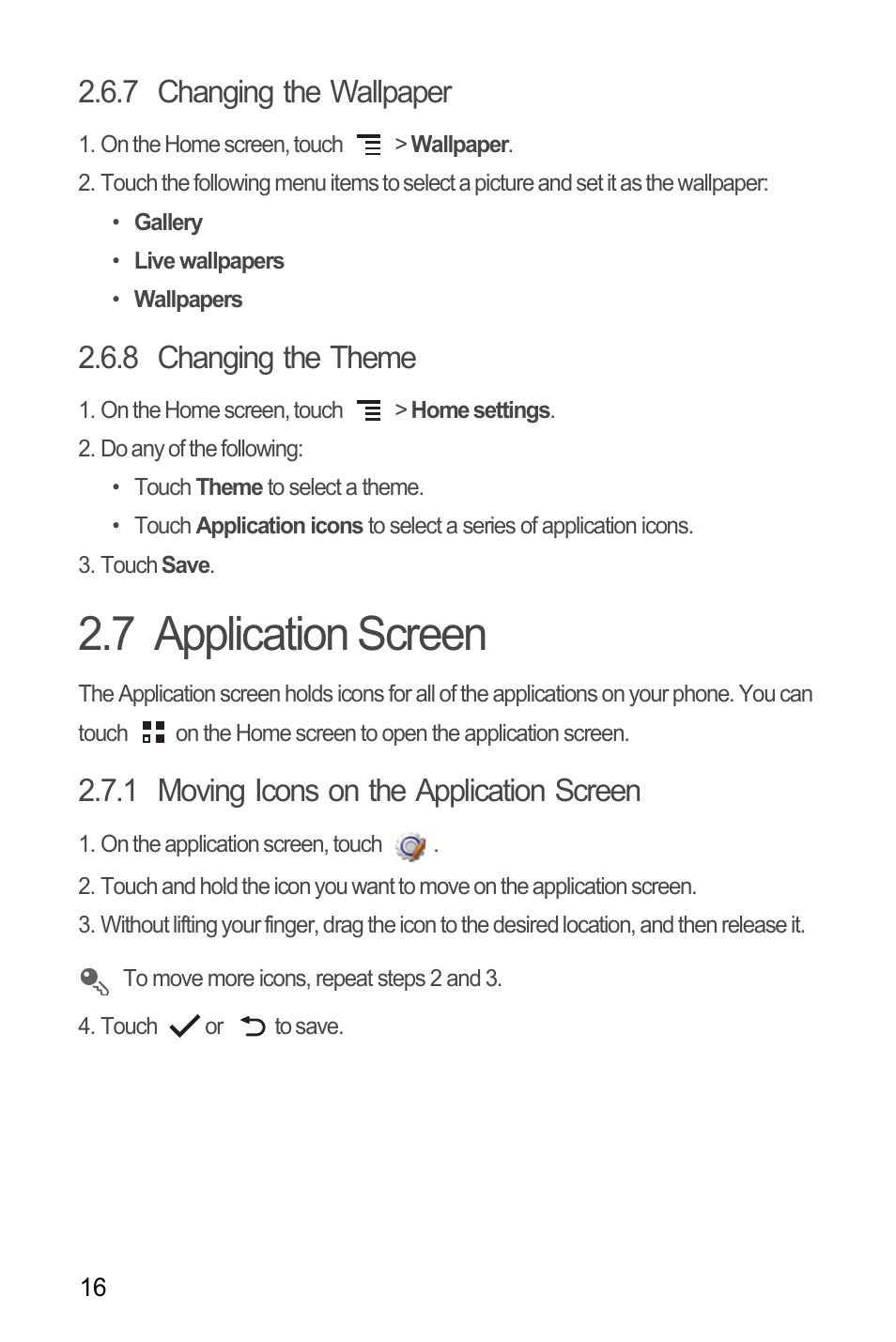 7 changing the wallpaper, 8 changing the theme, 7 application screen | 1 moving icons on the application screen | Huawei M866 User Manual | Page 20 / 69