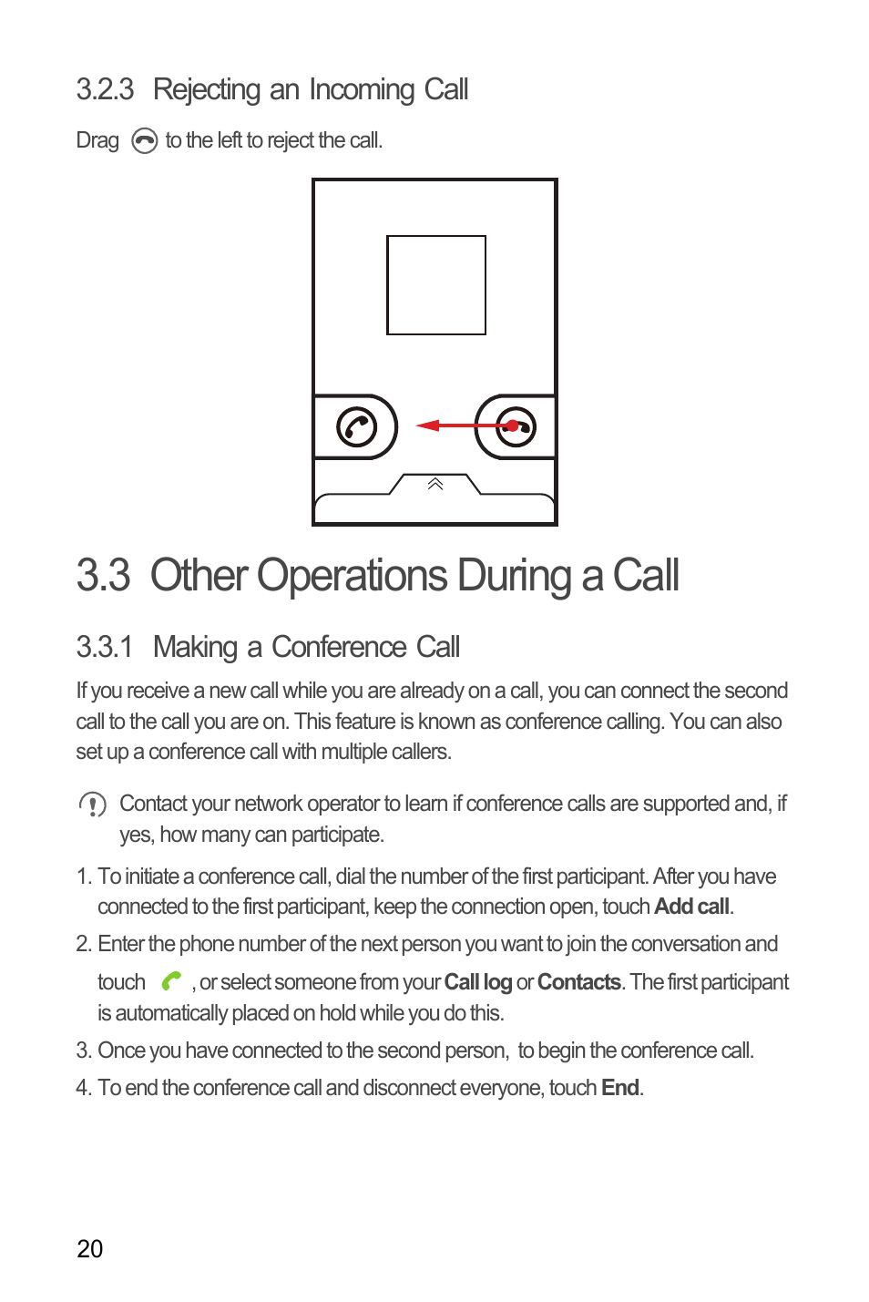 3 rejecting an incoming call, 3 other operations during a call, 1 making a conference call | Huawei M866 User Manual | Page 24 / 69