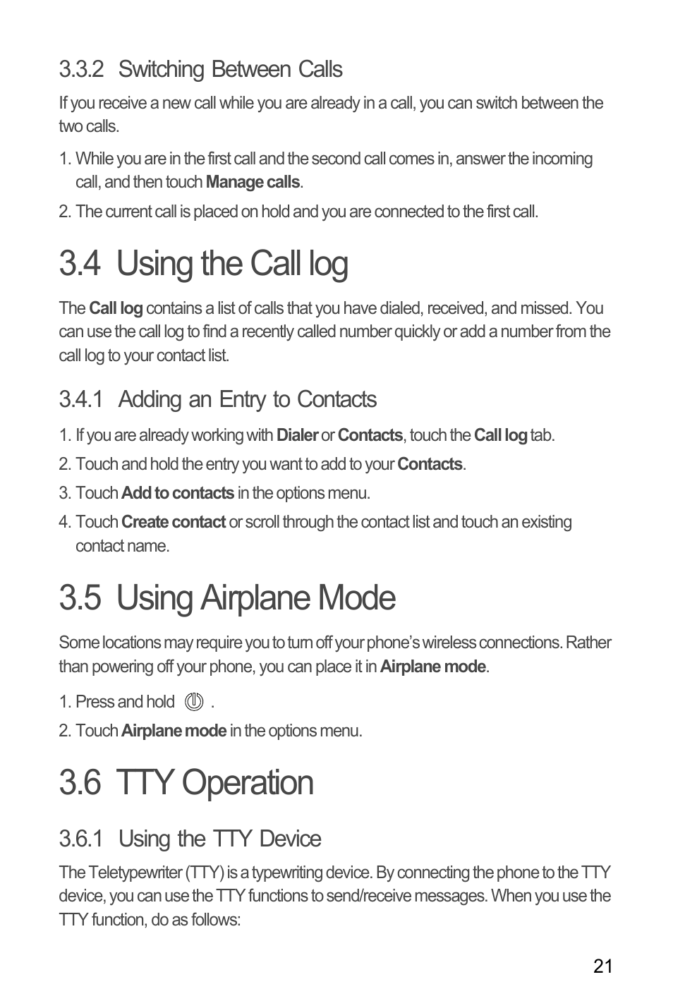 2 switching between calls, 4 using the call log, 1 adding an entry to contacts | 5 using airplane mode, 6 tty operation, 1 using the tty device | Huawei M866 User Manual | Page 25 / 69